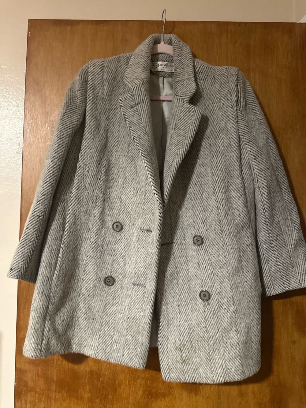 Vintage Double-Breasted Herringbone Wool Coat - Light Gray